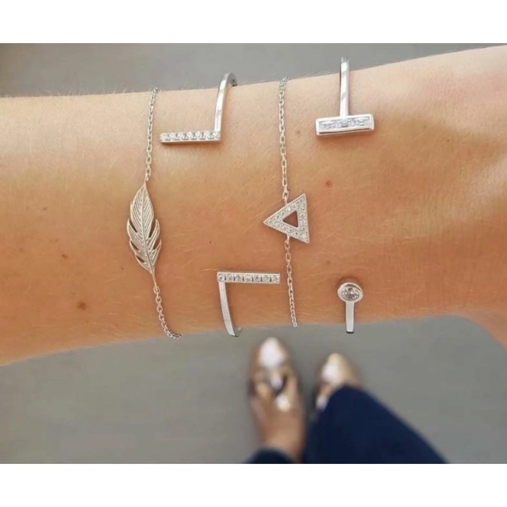 NEW Silver Bracelet Set Boho Cuff‎ Bangle Feather Triangle Rhinestone Jewelry